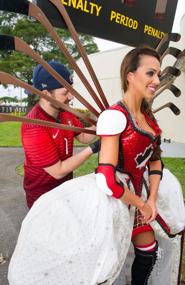 Chanel Beckenlehner, Miss Canada 2014, tries on her National Costume.