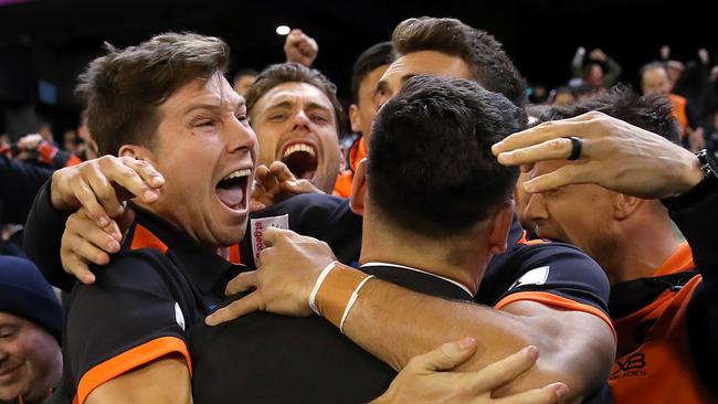 The celebrations explode in the GWS players’ race. Picture: Phil Hillyard.