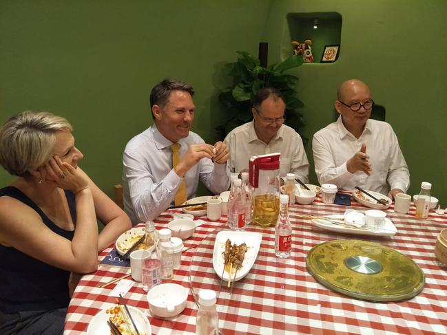 MPs Richard Marles, Tanya Plibersek and Ted O'Brien on a "study tour" paid for by China Matters. They are pictured at dinner with Dr Yuan Yue.