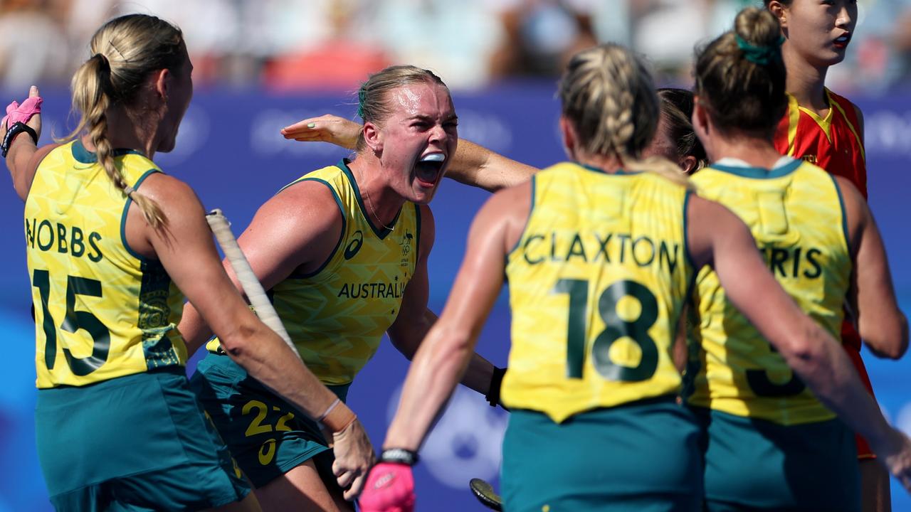 Tatum Stewart of Team Australia celebrates scoring her team's second goal with teammates during the Quarter Final Women's match between Australia and People's Republic of China. (Photo by Luke Hales/Getty Images)