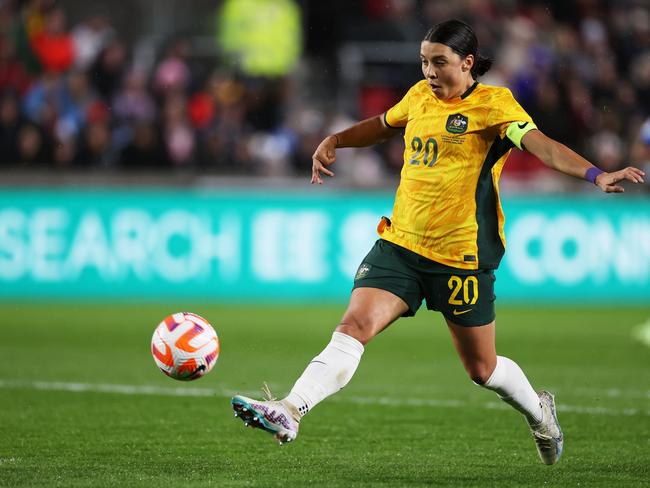 Sam Kerr scores for the Matildas against England. Picture: Ryan Pierse/Getty Images