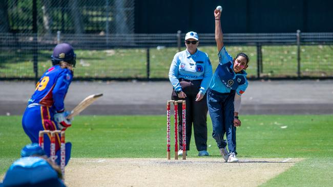 Zoya Thakur bowling for Parramatta versus Northern District in the NSW Women's Premier Cricket first grade match at Merrylands Park, Merrylands, 20 November 2022. Picture: Thomas Lisson