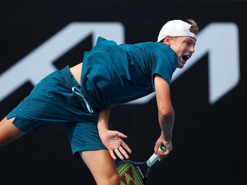 Australian Open Tennis. Cruz Hewitt in action with his doubles partner Lachlan McFadzean during their first round junior boys doubles match against Alexander Razeghi and Hayden Jones. Picture: Mark Stewart