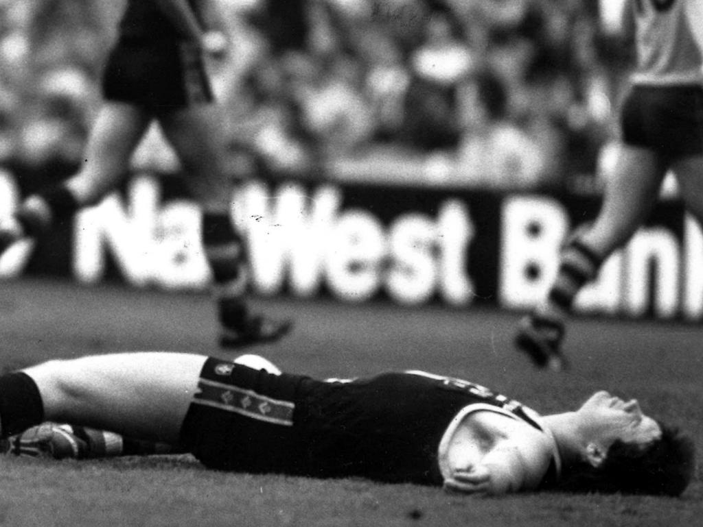 Danny Frawley lies unconscious in a 1988 clash between Hawthorn and St Kilda.