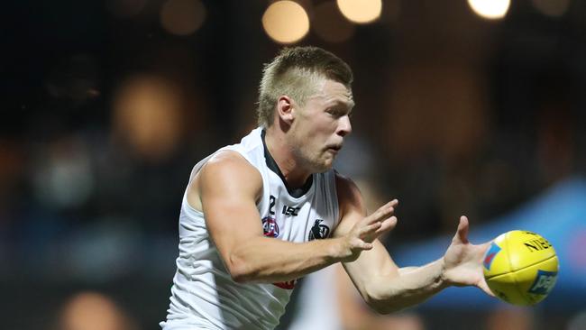 Jordan De Goey in action for the VFL team in the Collingwood AFL/VFL intra-club practice match played at the Holden Centre, Olympic Park in Melbourne. Thursday, February 22, 2018. Jordan De Goey was dropped to the VFL after losing his driving licence to drink driving. (AAP Image/David Crosling) NO ARCHIVING,