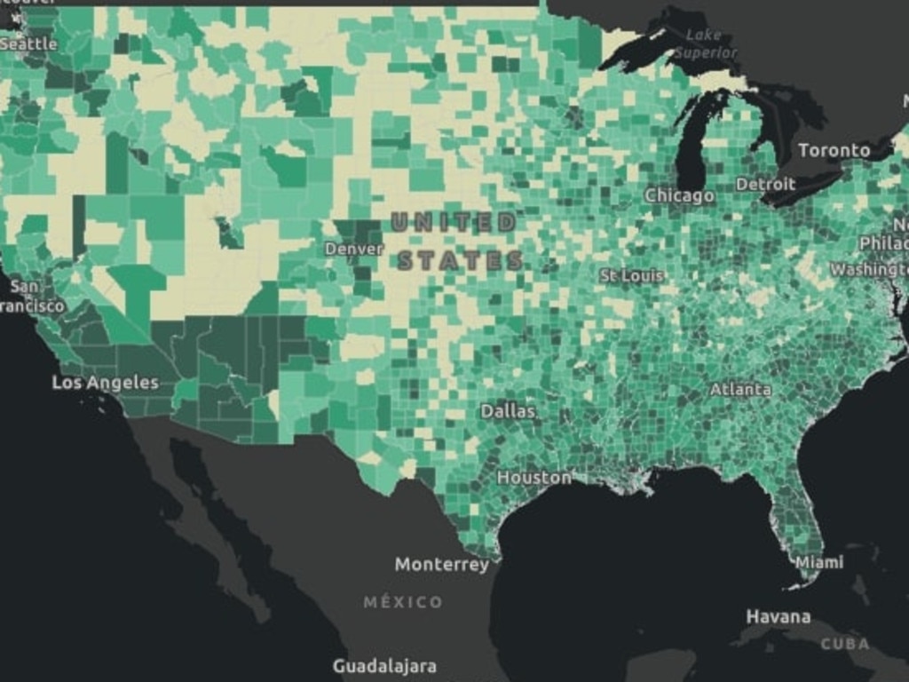 Deaths in the US. The darker the green, the more deaths. Picture: Johns Hopkins University