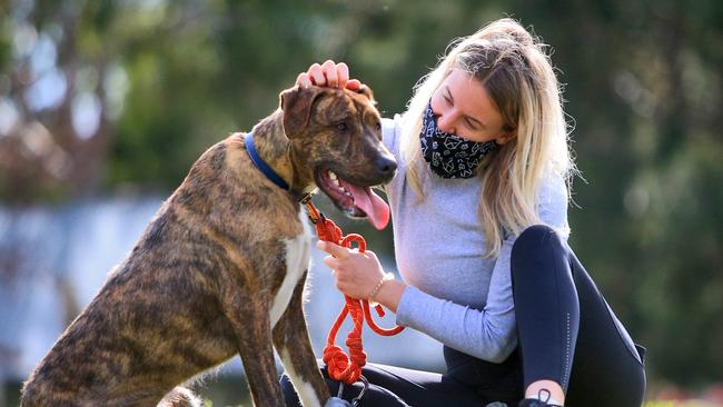 Mel Accorso with her dog Clyde at Elsternwick Park. Picture: Aaron Francis