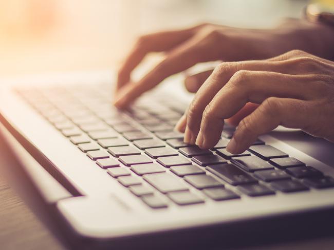 Laptop, Computer, Desktop PC, Human Hand, Office / soft focus picture / Vintage concept