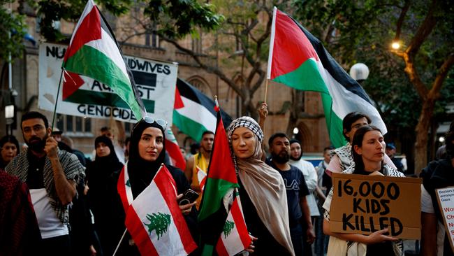 Pro-Palestine supporters hold a rally outside Sydney’s Town Hall on Monday evening. Picture: NewsWire / Nikki Short