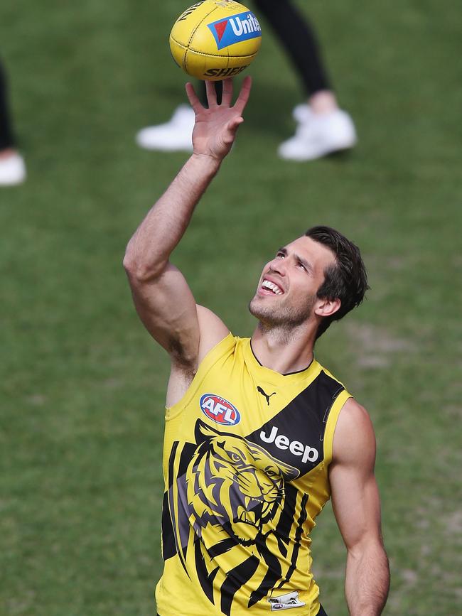 Alex Rance of the Tigers gathers the ball during a Richmond training session at Punt Road Oval. Picture: Michael Dodge/Getty Images