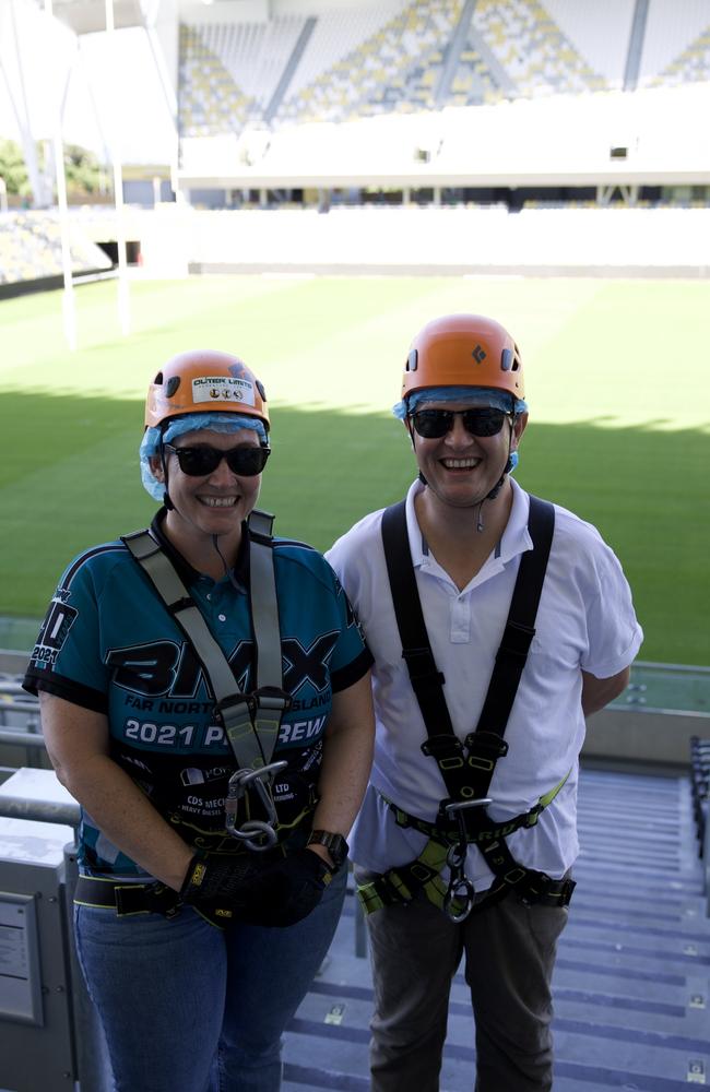 Reece Lynch and Michael Clements abseil Queensland Country Bank Stadium to raise funds for Brighter Lives. Photo by Leilani Franks, Stay Golden Photography.