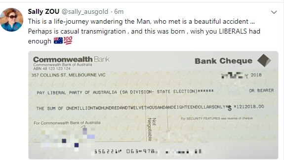 Sally Zou’s tweet suggesting she had donated $1.2million to the Liberal Party. Picture: Twitter @sally_ausgold