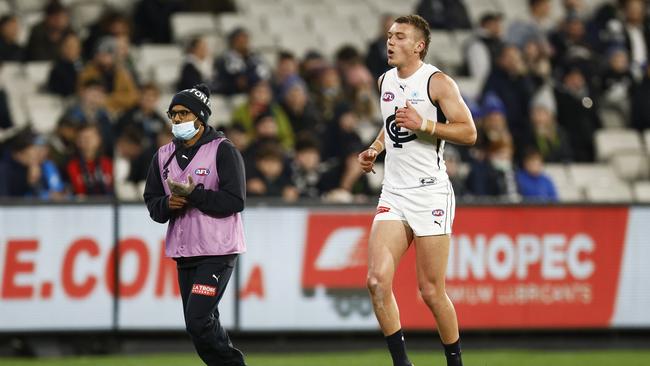 Patrick Cripps left the ground with a foot injury in the first term. Picture: Daniel Pockett/AFL Photos/via Getty Images