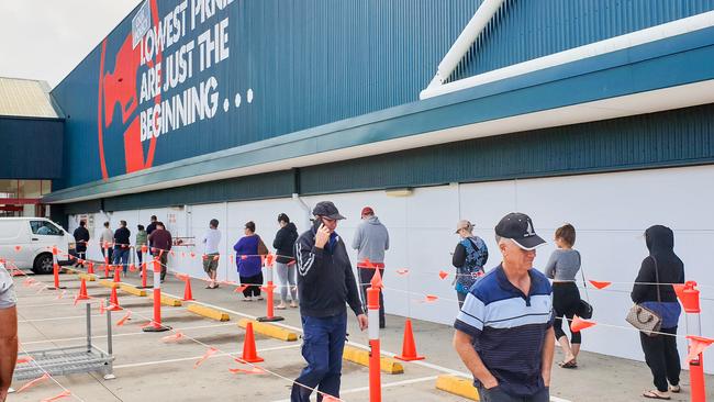 Lines of shoppers at Bunnings in Woodville on April 11. Picture: Brenton Edwards