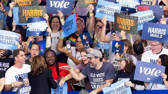 Democratic presidential candidate Kamala Harris greets supporters during a Get Out the Vote rally in Raleigh, North Carolina.