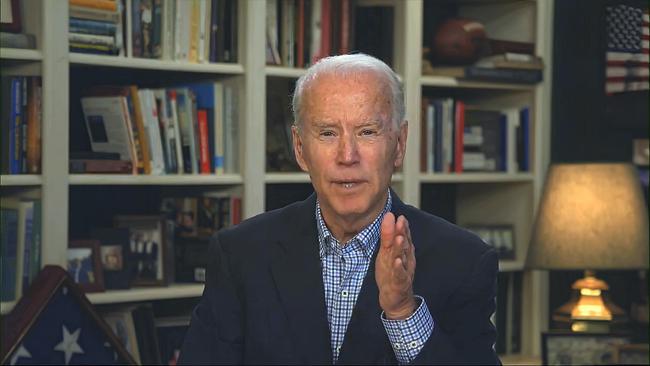Joe Biden campaigns from his basement in Delaware. Picture: AP