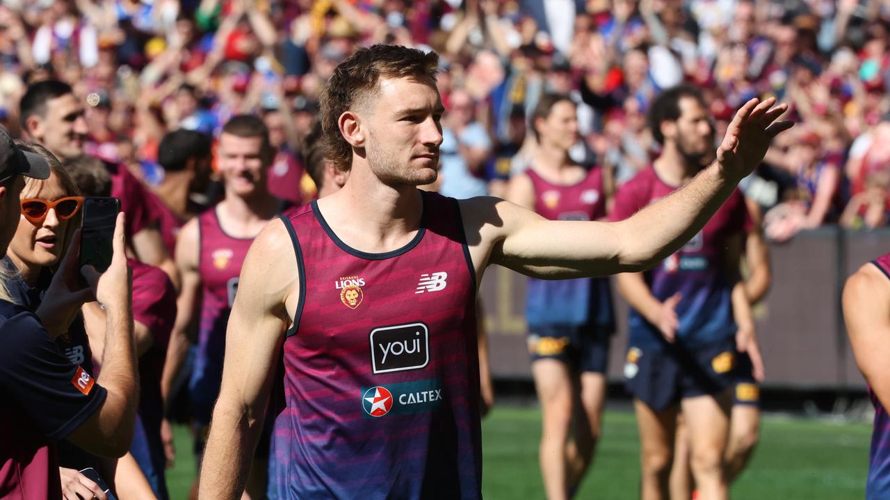 Harris Andrews thanks Lions fans. Picture Lachie Millard.