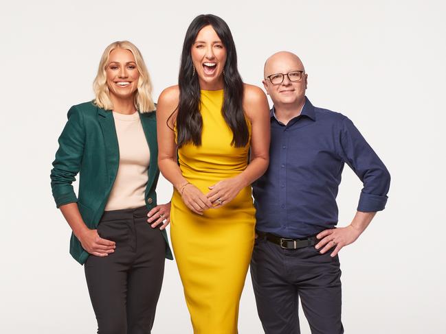 Mix102.3 Adelaide's The Ali Clarke Breakfast Show line-up in 2022 consisting of Erin Phillips, Ali Clarke and Eddie Bannon. Picture: Simon Vaughan