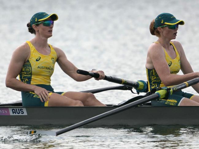 Australia's Jess Morrison (L) and Australia's Annabelle Mcintyre react after competing in the women's pair semifinal A/B rowing competition at Vaires-sur-Marne Nautical Centre in Vaires-sur-Marne during the Paris 2024 Olympic Games on July 31, 2024. (Photo by Bertrand GUAY / AFP)