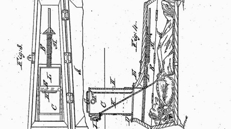 A Vester Burial Case showing a rope attached to a bell to enable those who had been inadvertently buried to signal to the surface. Picture: United States Patent Office, 1868. Public Domain.