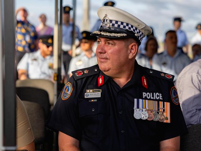 Deputy Commissioner of Police Martin Dole at the unveiling of two new memorials at the RAAF base in Darwin to remember the seven fallen aviators who lost their lives in the bombing of Darwin 83 years ago. Picture: Pema Tamang Pakhrin