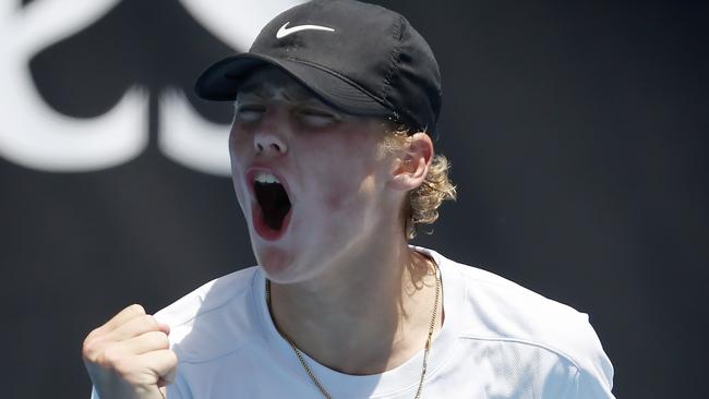 NCA. MELBOURNE, AUSTRALIA. 7th January 2025.   Australian Open Tennis at Melbourne Park.   Qualifying tournament. Cruz Hewitt vs Nikoloz Basilashvili on court 3.  Cruz Hewitt fires himself up during todays qualifying match against  Nikoloz Basilashvili   .  Picture: Michael Klein