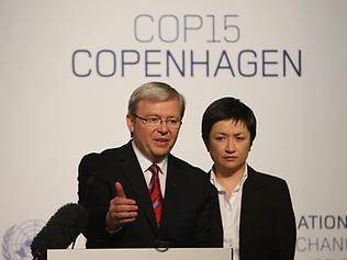 Kevin Rudd and Penny Wong put a brave face on the lack of any real progress towards a global agreement on climate change at Copenhagen last year. Picture: Brett Costello