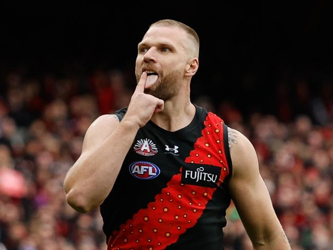 MELBOURNE, AUSTRALIA - APRIL 25: Jake Stringer of the Bombers celebrates a goal during the 2024 AFL Round 07 match between the Essendon Bombers and the Collingwood Magpies at the Melbourne Cricket Ground on April 25, 2024 in Melbourne, Australia. (Photo by Dylan Burns/AFL Photos via Getty Images)