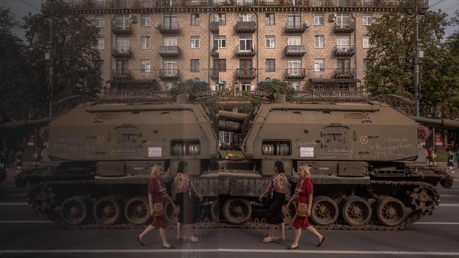 Destroyed Russian armoured military vehicles on display in Kyiv’s main street of Khreshchatyk at the weekend. Picture: AFP