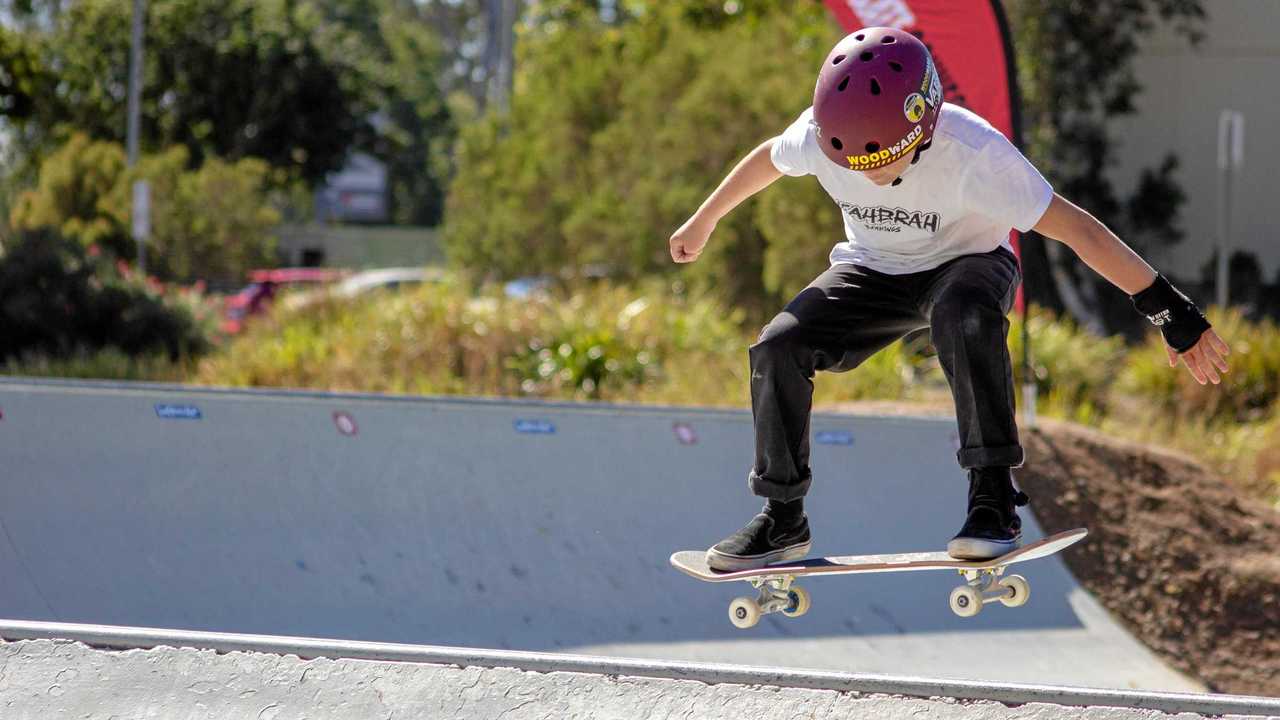 Blake Weber gets some air over the spine while competing on Saturday. Picture: Dominic Elsome