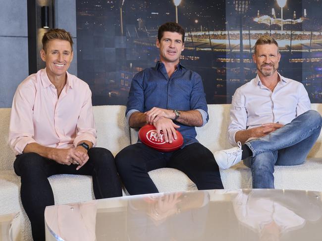 Mark Howard with fellow Fox Footy hosts Jonathan Brown and Nathan Buckley. Picture: Getty