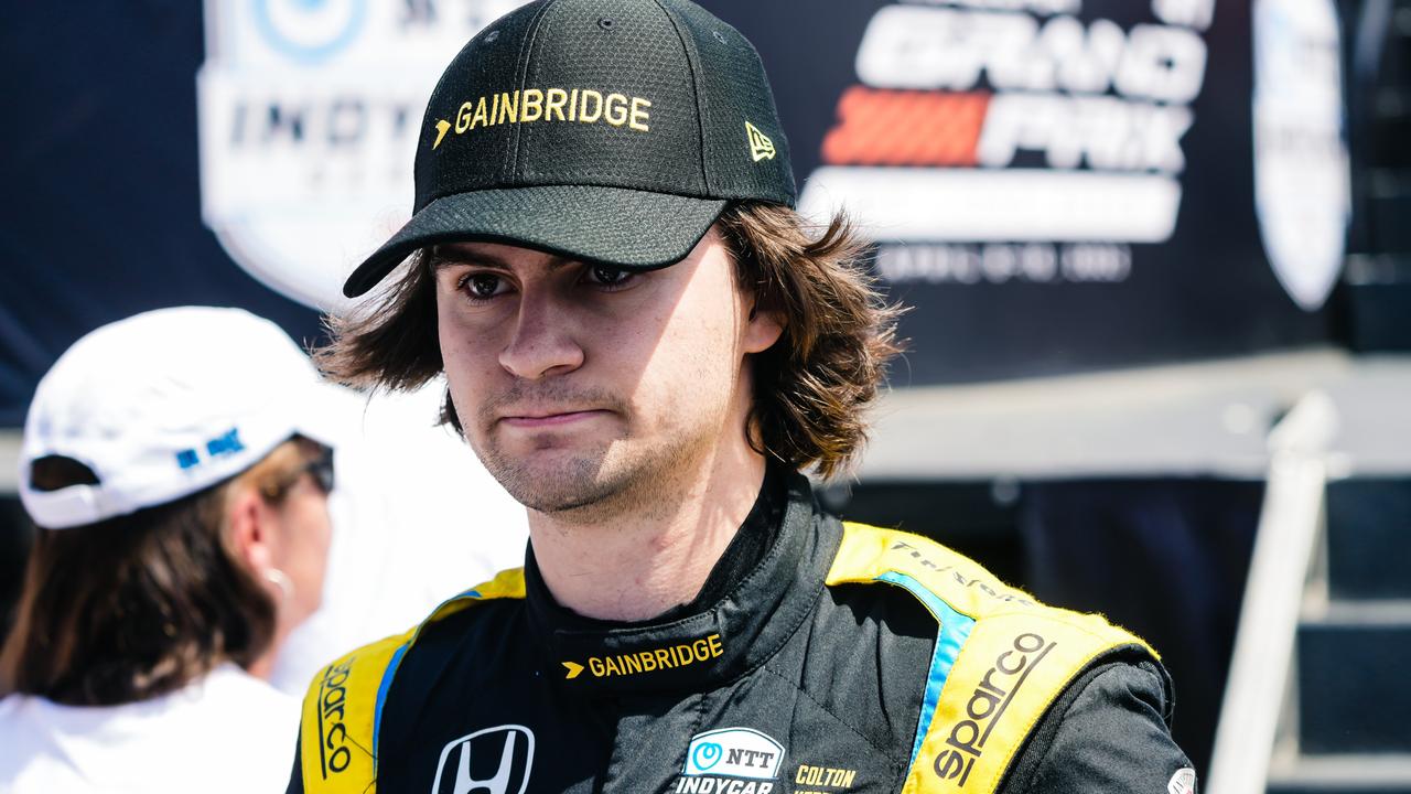 LONG BEACH, CALIFORNIA - APRIL 10: NTT IndyCar Series driver Colton Herta participates in driver introductions prior to the start of the 2022 Acura Grand Prix Of Long Beach on April 10, 2022 in Long Beach, California. (Photo by Greg Doherty/Getty Images)