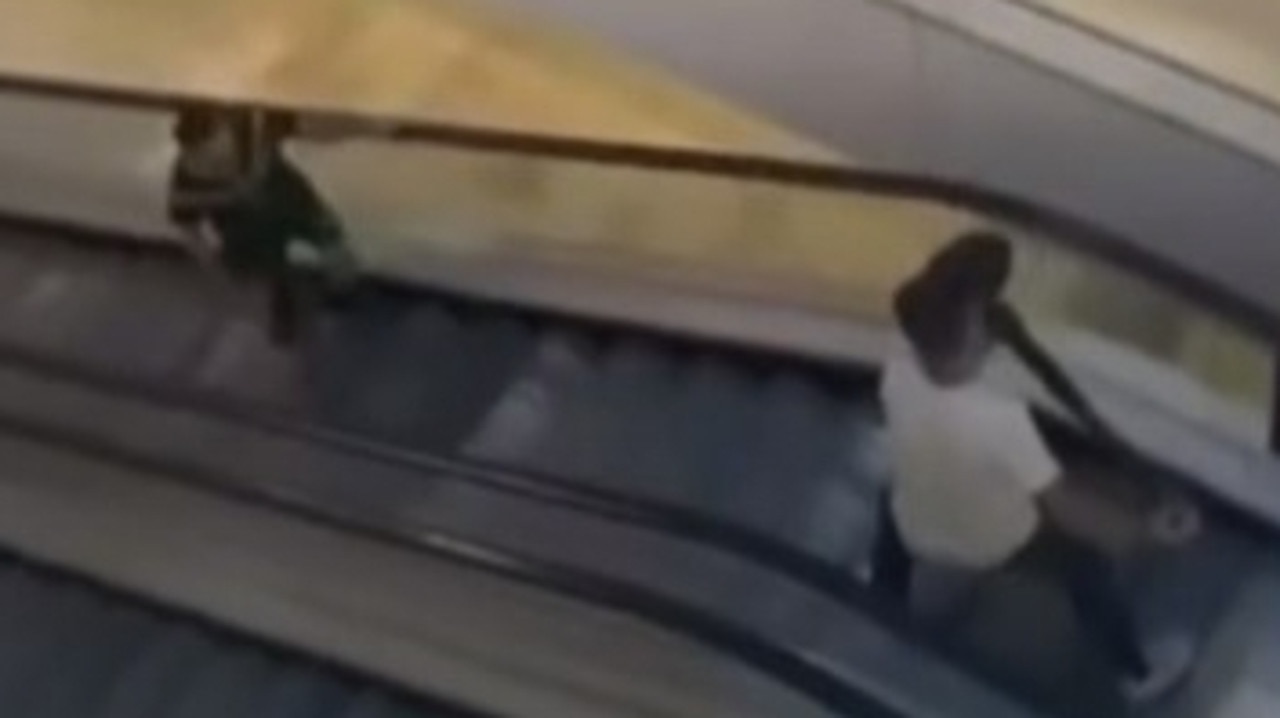 Silas Despreaux attempted to hold off the attacker, with a metal post, which slowed Joel Cauchi from advancing up the escalator. Picture: 9 News