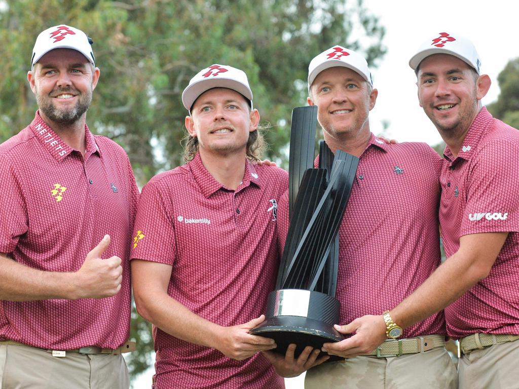 Cam Smith and his Ripper GC team celebrate with the winner team trophy after the final round of LIV Golf Adelaide. Picture: AFP