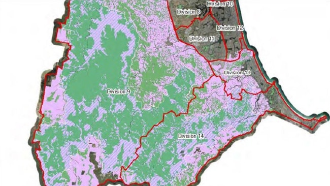 Koala habitat mapping for southern Gold Coast — pink areas are acquired habitat, green is for the State.