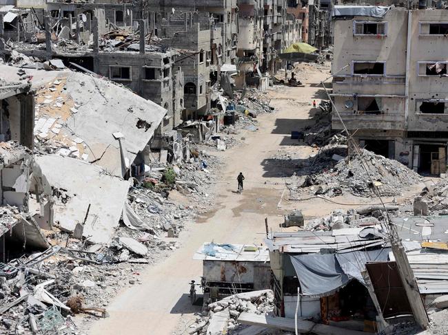 A view of the make shift home (bottom) of Ismail Al-Kahlout, 60-years-old, and his wife Arefa, 53-years-old, set up on the rubble of their house that was destroyed by the Israeli army last December, in the Beit Lahia, in the northern Gaza Strip. Picture: AFP