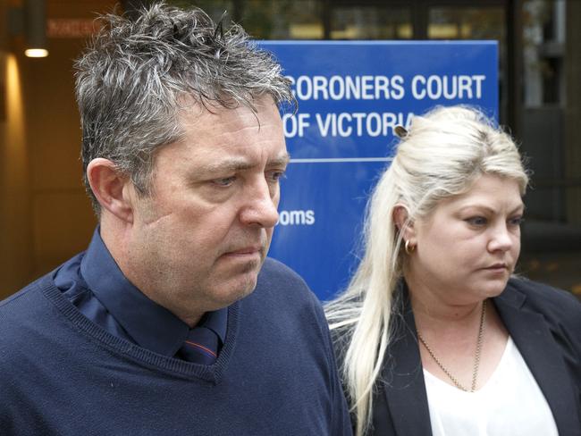 Heath Cay and his partner leave Victorian Coroners Court after a coroner found the death of his sister Kylie Cay was preventable. Picture: NCA NewsWire / David Geraghty