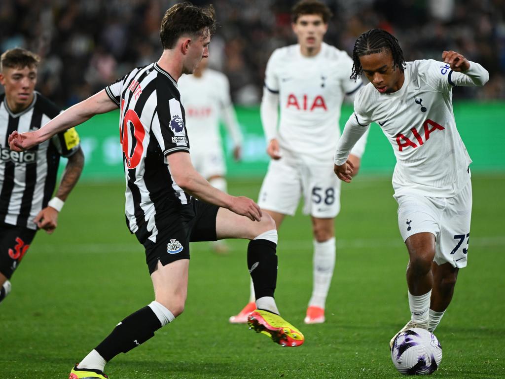 Tottenham’s Tyrese Hall tries to beat the Newcastle Utd defence. Picture: Getty Images