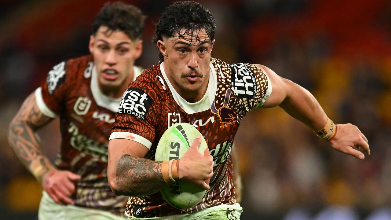 BRISBANE, AUSTRALIA - JULY 13: Kotoni Staggs of the Broncos in action during the round 19 NRL match between Brisbane Broncos and St George Illawarra Dragons at Suncorp Stadium, on July 13, 2024, in Brisbane, Australia. (Photo by Albert Perez/Getty Images)