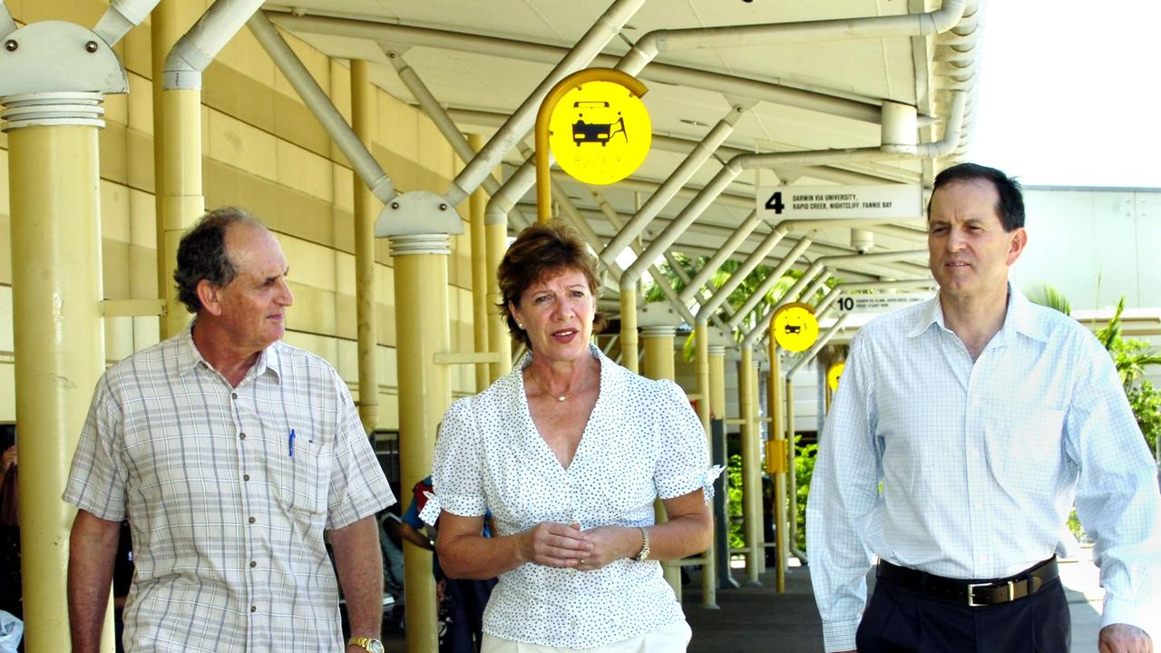 A 2007 image of Police Minister Chris Burns, Chief Minister Clare Martin and Police Commissioner Paul White at Casuarina Bus Exchange – Picture: Michael Marschall