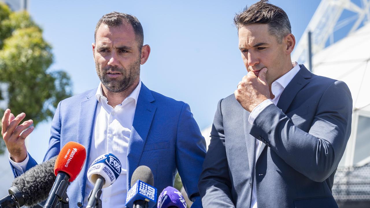 Melbourne Storm legends Cameron Smith and Billy Slater. Picture: Jake Nowakowski