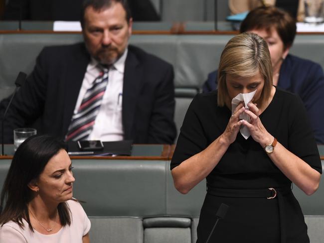 Labor backbench MP Susan Lamb breaks down as she makes her  statement.