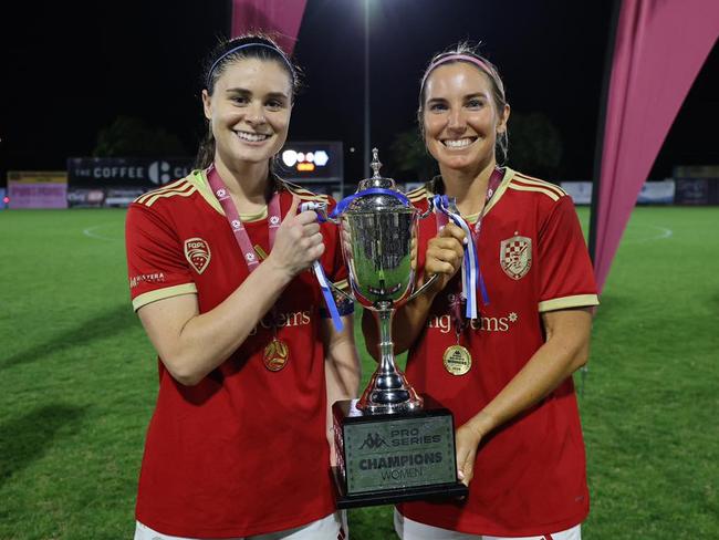 The Gold Coast Knights women's co-captains Katie Kissell and Amy Morland celebrate their Kappa Pro Series win. Picture: Gold Coast Knights Facebook.