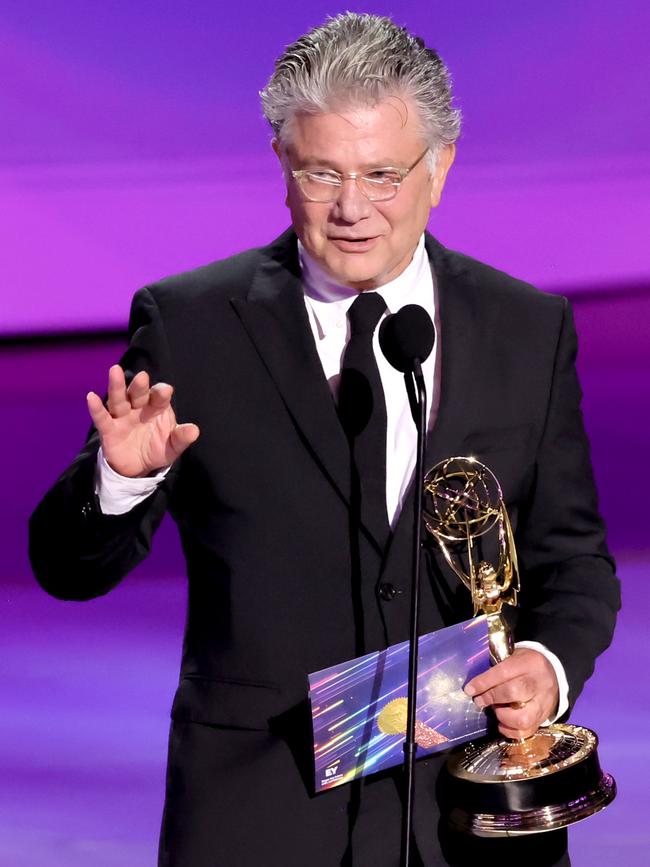 Steven Zaillian accepts the Outstanding Writing for a Limited or Anthology Series or Movie award for Ripley. Picture: Kevin Winter/Getty Images