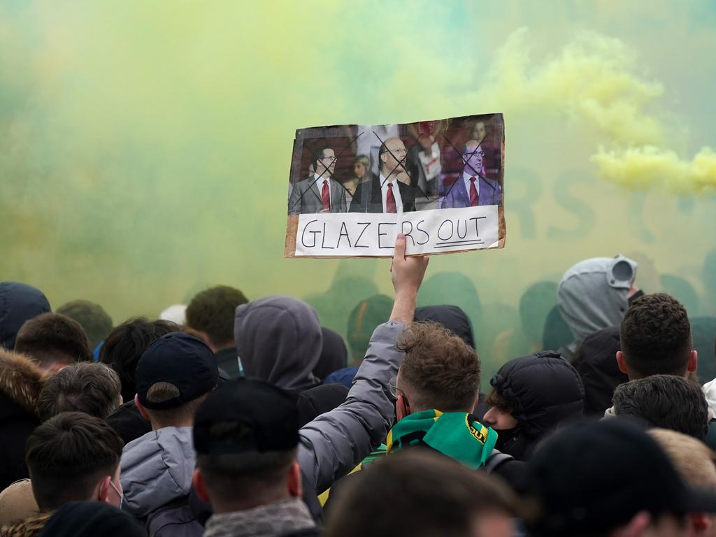 United supporters protest against the Glazers following the failed attempt to start the European Super League. Picture: Christopher Furlong/Getty Images