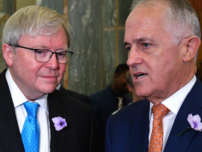 Former prime minister Kevin Rudd and Prime Minister Malcolm Turnbull at a breakfast to mark the 10th anniversary of the National Apology to Australia's indigenous people at Parliament House in Canberra, Tuesday, February 13, 2018. (AAP Image/Mick Tsikas) NO ARCHIVING