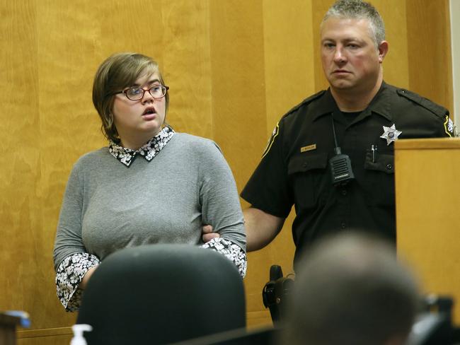 Morgan Geyser, 15, pictured in court in September 2017 will be sentenced in February next year. Picture: Michael Sears/Milwaukee Journal-Sentinel via AP