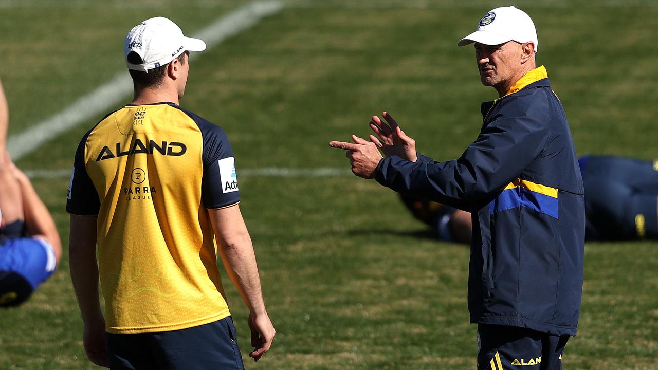 Brad Arthur with Mitch Moses during Parramatta Eels training. Picture: Phil Hillyard