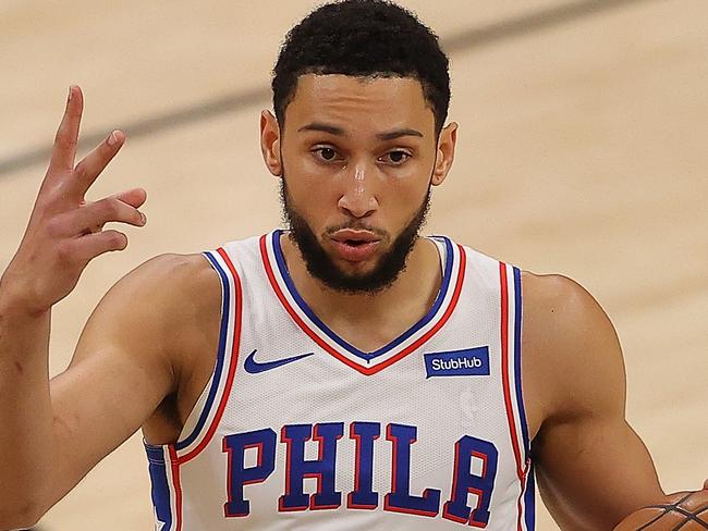 ATLANTA, GEORGIA - JUNE 18: Ben Simmons #25 of the Philadelphia 76ers calls out a play against the Atlanta Hawks during the first half of game 6 of the Eastern Conference Semifinals at State Farm Arena on June 18, 2021 in Atlanta, Georgia. NOTE TO USER: User expressly acknowledges and agrees that, by downloading and or using this photograph, User is consenting to the terms and conditions of the Getty Images License Agreement.   Kevin C. Cox/Getty Images/AFP == FOR NEWSPAPERS, INTERNET, TELCOS & TELEVISION USE ONLY ==