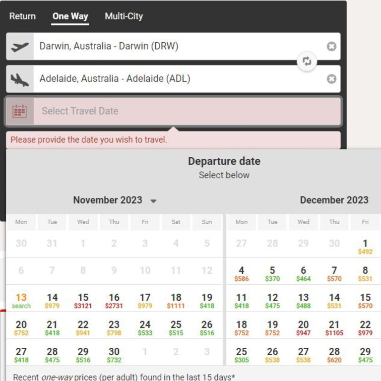 Darwin airfares November 2023